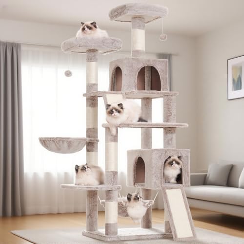 Gitelsnour Cat Tree for Indoor Cats, 71'' (180cm) Multi-Level Cat Tower for Large Adult, Sturdy Cat Tree House with 2 Scratching Boards 7 Posts, 2 Plush Perches/Condos, Hammock, Muchroom GCT032MU - color: Muchroom, size: 70.8in（180cm)