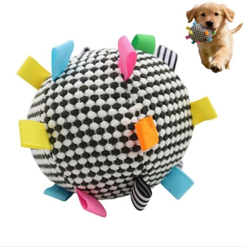 Plush Dog Ball Toy with Bell & Colorful Straps, 6.3 Inch Soft Interactive Fetch Toy, Lightweight Chew Toy for Small & Medium Dogs, Puppy Stuffed Play Ball (Black) - color: Black