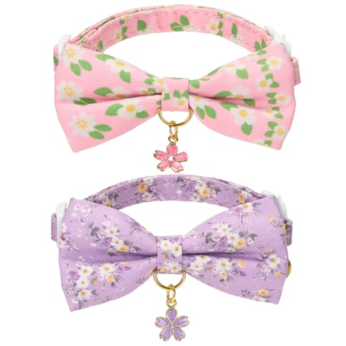 2 Pack Cat Collars, Removable Bowtie, Floral Pattern, Safety Breakaway Clasp, Adjustable for Cats.(Adult Cat, Purple and Pink dasiy) - color: Pink+Purple