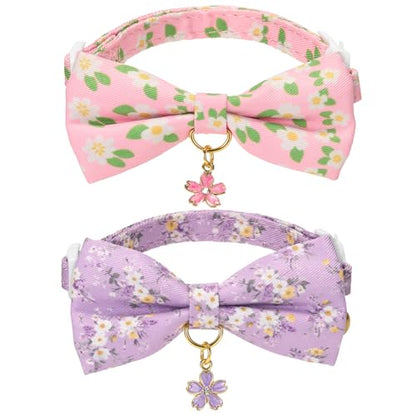 2 Pack Cat Collars, Removable Bowtie, Floral Pattern, Safety Breakaway Clasp, Adjustable for Cats.(Adult Cat, Purple and Pink dasiy) - color: Pink+Purple
