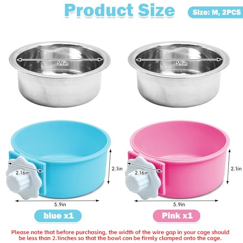kathson Crate Dog Bowl, Removable Stainless Steel Hanging Pet Cage Bowl Food & Water Feeder Coop Cup for Cat, Puppy, Birds, Rats, Guinea Pigs (2 PCS, Size: M, Blue and Pink) - color: Size: M (Blue, Pink), size: 2 PCS