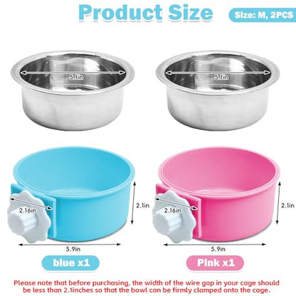kathson Crate Dog Bowl, Removable Stainless Steel Hanging Pet Cage Bowl Food & Water Feeder Coop Cup for Cat, Puppy, Birds, Rats, Guinea Pigs (2 PCS, Size: M, Blue and Pink) - color: Size: M (Blue, Pink), size: 2 PCS