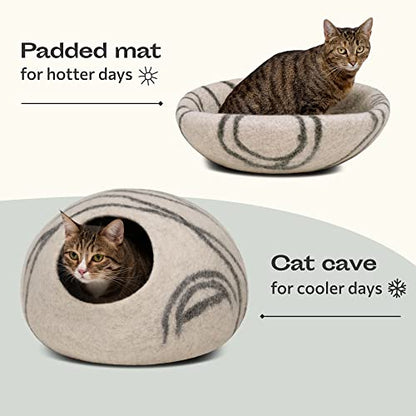 Meowfia Premium Felt Cat Bed Cave (Light Grey/Medium) and Wool Ball Toys (6-Pack) Bundle