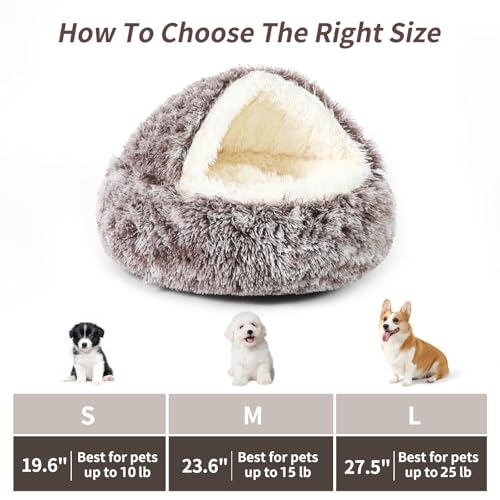 Dog Bed Round Hooded Plush Cat Cave Self Warming Pet Bed Donut Anti Anxiety Fluffy Pet Bed for Puppy and Kitty - color: Gradual brown, size: Medium 23.6''