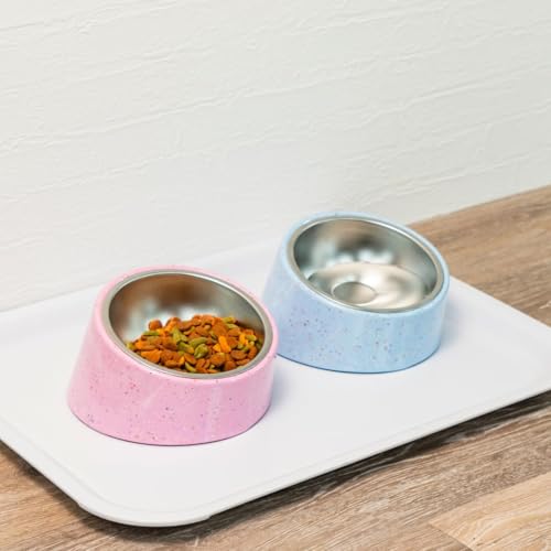bzyoo 16oz Tilted Dog Bowl for Small Dogs & Cats, 15° Elevated Stainless Steel Pet Feeder, Ergonomic Anti-Vomiting Food Bowl for Frenchie, Pug, Persian Cat, Non-Skid Melamine Stand, Sprinkle (White) - color: White