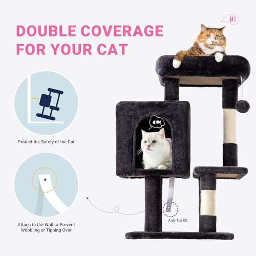 Allewie 29 Inches Cat Tree Tower/Plush Perches Platform/Condo/House/Sisal Scratching Posts/Multi-Level Activity Center Furniture for Kittens/Dark Grey - color: Dary Grey