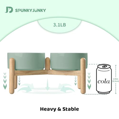 SPUNKYJUNKY Ceramics Raised Dog Bowls with Wooden Stand - Elevated Bowls for Small Medium Dogs (Double 28.7OZ, Light Green) - color: Light Green (Double Bowls Set), size: Medium - 3.6 CUPS