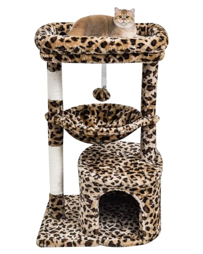 SYANDLVY Small Leopard Print Cat Tree for Indoor Cats, Cat Tower with Scratching Post, Modern Cat House with Padded Perch, Kittens Condo with Cradle, Cat Cave - color: Leopard Print