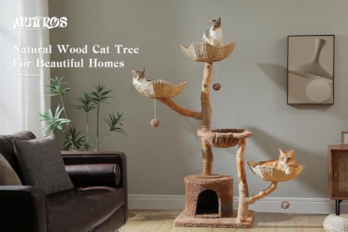 MUTTROS 59" Cat Tree Tower with Real Solid Wood Natural Branch, Modern Cat Tree for Large Cats w/3 Handwoven Wicker Baskets- Luxury Boho Cat Furniture w/Condo & Soft Hammock, Scratching Post, Brown - color: Brown, size: 59" Solid Wood Cat Tree