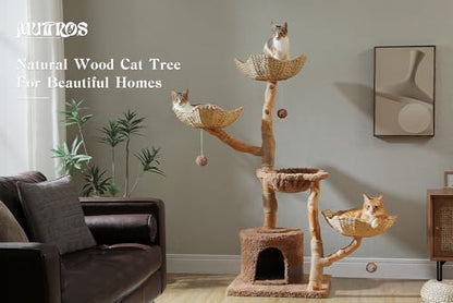 MUTTROS 59" Cat Tree Tower with Real Solid Wood Natural Branch, Modern Cat Tree for Large Cats w/3 Handwoven Wicker Baskets- Luxury Boho Cat Furniture w/Condo & Soft Hammock, Scratching Post, Brown - color: Brown, size: 59" Solid Wood Cat Tree