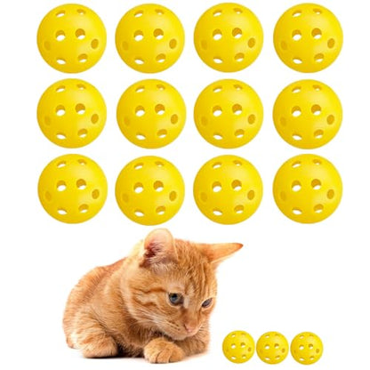 12Pcs Cat Ball Toy, Low Noise No Bells Holey Plastic Cat Balls, Funny Interactive Cats Toys for Indoor Cats, Firm Toy Balls for Kitten Puppy Ferret Bird (1.65", Yellow) - color: Yellow, 12/Pack