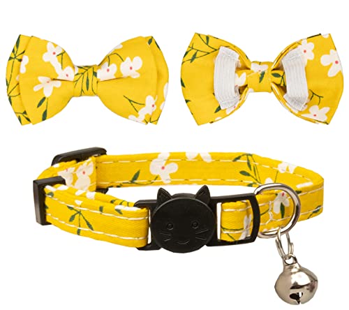 Cat Collar with Bow Tie Bell Breakaway Bowtie 2pcs Set Spring Plaid Flower Floral Solid Boy Girl Cute Kitten Safety A Yellow Flower & Plaid - color: A [Flower & Plaid]-Yellow