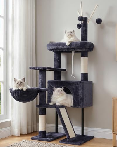 Gitelsnour Cat Tree for Indoor Cats, Cat Tower with Scratching Post for Small Cats and Kittens, Cat House with Removable Top Platform and Fluffy Balls, Hanging Cat Basket, Smoky Gray GCT006SG - color: Dark gray
