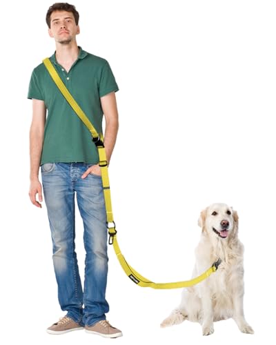 Hands Free Dog Leash & Car Seatbelt, 5.9-9.5ft Crossbody Dog Belt with Dual Soft Handles, Shock-Absorbing, 360° Clip, Reflective Design for Walking, Running, Hiking, Travel.(Yellow) - color: Yellow, size: Large-5.9-9.5ft
