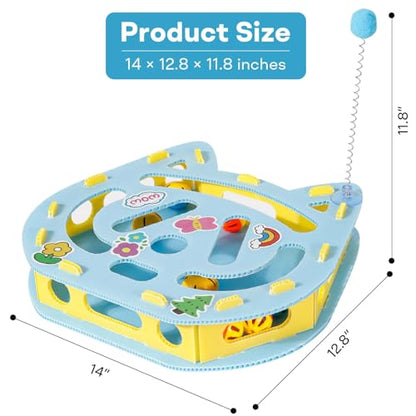 Interactive Kitty Puzzle Toy with Spring Wand Game Board, Maze Activity Playset for Indoor Cat, Rolling Ball Entertainment for Kitten Puppet