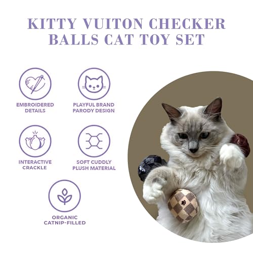 Haute Diggity Kitty Vuiton Checker Balls Set, Plush Cat Toys Catnip Filled with Interactive Crackle Sound, Safe & Durable Toys for Cat & Kitten, 3 Pcs - style: Kitty Vuiton Checker Balls