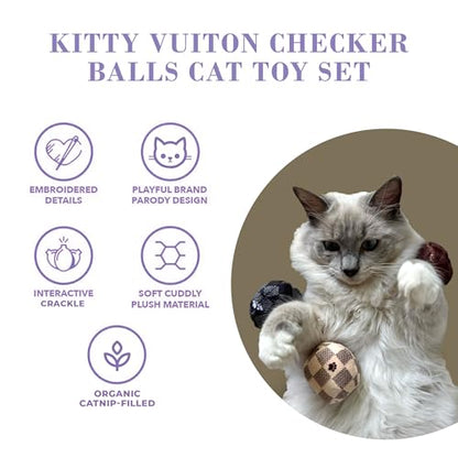 Haute Diggity Kitty Vuiton Checker Balls Set, Plush Cat Toys Catnip Filled with Interactive Crackle Sound, Safe & Durable Toys for Cat & Kitten, 3 Pcs - style: Kitty Vuiton Checker Balls