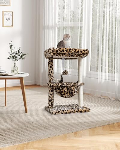 SYANDLVY Small Cat Tree for Indoor Cats, Unique Cheetah Leopard Print Cat Tree Tower for Kitties, Condo Furniture with Hammock & Sisal Scratching Posts - color: Leopard Print