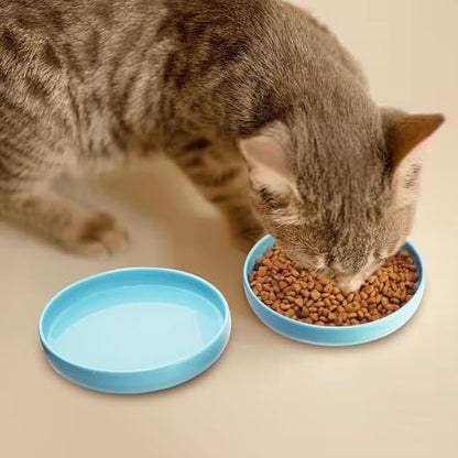 Ceramic Cat Bowls, Shallow Cat Dishes for Food and Water, 6 Inch Matte Finish Wide Cat Food Bowl, Whisker Fatigue Free Pet Puppy Kitten Bowl Set of 3, Dishwasher Safe - color: Blue-3pack