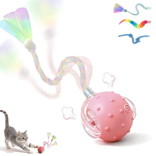 Interactive Cat Toys for Indoor Cats with 3 Tails,Automatic Moving Kitten Toys,Cat Toys for Bored Indoor Adult Cats,Smart Rechargeable Cat Enrichment Toys for Cats to Keep Them Busy, Pet Toy Cat Ball - color: Pink
