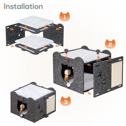 Yesday Detachable Felt Cat Bed Condo Shelter House for Indoor Use, Durable and Warm Flannel, Cozy Shelter with Built-in Scratching Board and Bonus Cat Toys (Black) - color: Black