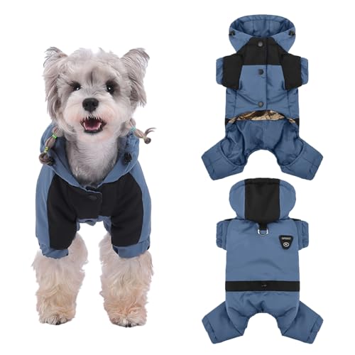Warm Dog Coat with Hood,Waterproof Windproof Winter Full Body Dog Jacket Snowsuit,Adjustable Cold Weather Pet Clothes (Blue, M) - color: Blue, size: M