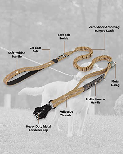 Joytale Tactical Dog Leash Heavy Duty, 4-6FT Shock Absorbing Bungee Lead with 2 Padded Handle, Metal Carabiner Clip, Car Seatbelt, Strong No Pull Leash for Medium Large X-Large Dogs, Coyote Brown - color: Coyote Brown