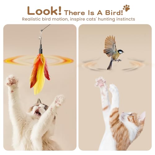 Pawaboo Feather Teaser Cat Toy, Interactive Wands Cats Toy Flying Feathers Cat Catcher with Extra Long 34.5" Wand and Small Bell, Playing Toys, 1 Wand + 6 Feathers, Multi-Color Feather Blend - color: Z-Multi-Color Feather Blend-6 Pack