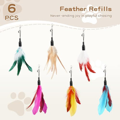 Pawaboo Feather Teaser Cat Toy, Interactive Wands Cats Toy Flying Feathers Cat Catcher with Extra Long 34.5" Wand and Small Bell, Playing Toys, 1 Wand + 6 Feathers, Multi-Color Feather Blend - color: Z-Multi-Color Feather Blend-6 Pack
