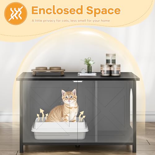Shintenchi Cat Litter Box Enclosure, Litter Box Furniture Hidden with Removable Divider, Cat House with End Table, Black, 31.5 inch - color: Black