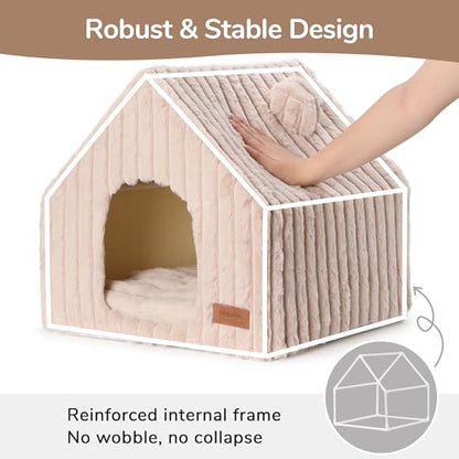 FUKUMARU Cat Houses for Indoor Cats, Washable Cute Cat Bed Cave with Removable Pillow, Large Semi-Enclosed Cozy Dog House Indoor, Soft Faux Rabbit Fur Kitten Bed, 17.5-Inch Cat Hideaway, Pink Grey - color: Pink Grey