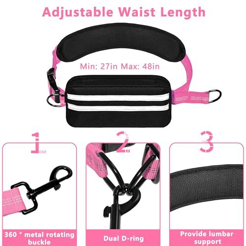 Hands Free Dog Leash with Zipper Pouch, Running Waist Leash for Dog Walking, Adjustable Waist Belt for Large Dogs, Reflective Bungee Design with Two Handle for Hiking, Training, Pink - color: Pink