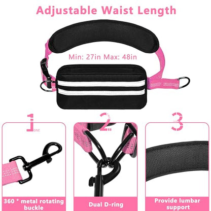 Hands Free Dog Leash with Zipper Pouch, Running Waist Leash for Dog Walking, Adjustable Waist Belt for Large Dogs, Reflective Bungee Design with Two Handle for Hiking, Training, Pink - color: Pink