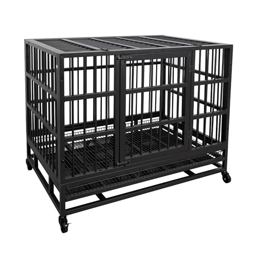 JY QAQA 38 Inch Heavy Duty Indestructible Dog Crate, Escape Proof Dog Cage Kennel with Lockable Wheels,High Anxiety Double Door Dog Crate, Xl Extra Large Crate Indoor for Large Dog with Removable Tray - size: 37.8"x 25.5"x 30.7"(L)