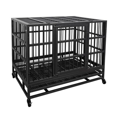 JY QAQA 38 Inch Heavy Duty Indestructible Dog Crate, Escape Proof Dog Cage Kennel with Lockable Wheels,High Anxiety Double Door Dog Crate, Xl Extra Large Crate Indoor for Large Dog with Removable Tray - size: 37.8"x 25.5"x 30.7"(L)