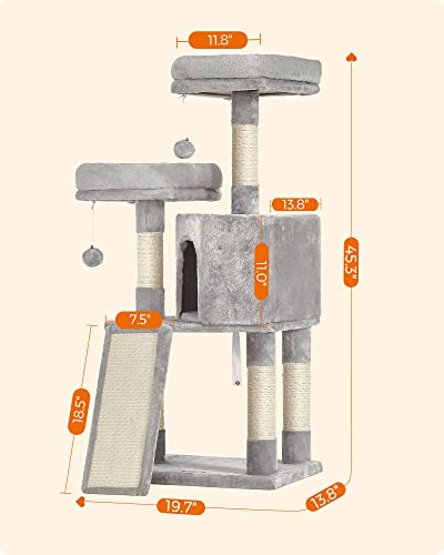 Feandrea Cat Tree, 45.3-Inch Cat Tower, Plush Condo with Scratching Post, Ramp, Perch, Spacious Cave, for Small Space, Light Gray UPCT141W01 - color: Light Gray