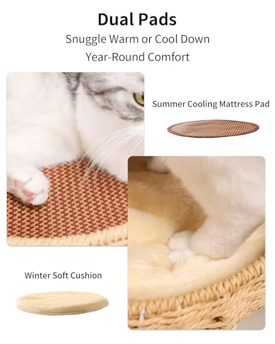 Wood Cat Tree for Large Cat, 63-Inch Tall Cat Tower with Scratching Post for Indoor Cats, Multi-Level Cat Condo with Hand-Woven Cat Bed and Acrylic Bowl Easy to Clean (White 81007s) - color: Nature 81007