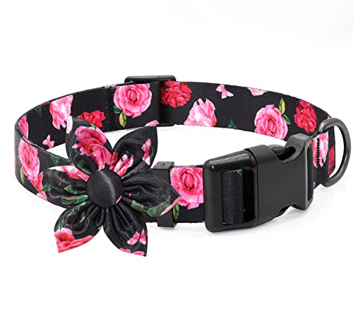 Floral Girl Dog Collars with Flower Bow Tie for Small, Medium & Large Dogs & Cats - color: Rose-Black, size: Small