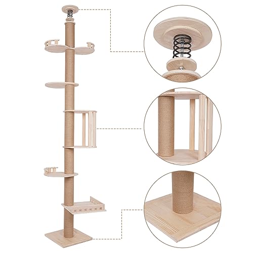 Modern Wooden Floor-to-Ceiling Cat Tree Tower, with Natural Sisal Rope Scratching Post, Height 100.4-104.3 Inch, Activity Center Cat Climbing Tower for Kittens & Large Cats