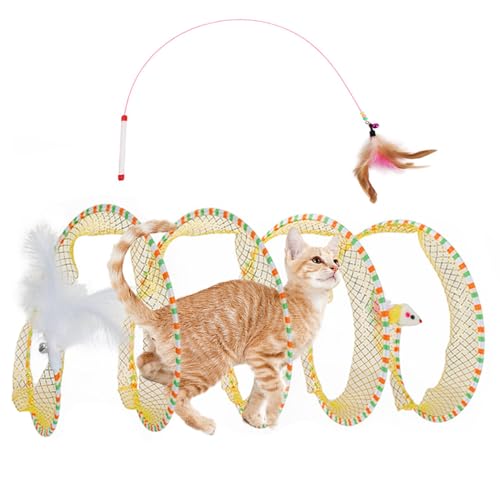 Spiral Tunnel Cat Toy, 25.59 Inches Unfolded with Cat Wand Self Play Collapsible, Hunting Spiral Tunnel with Feather Mouse Toys and Bell for Indoor Kitten Play Chase Exercise (Yellow) - color: Yellow+Pink