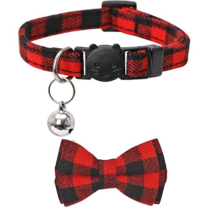 Christmas Cat Collar Halloween Thanksgiving Day Fall Breakaway with Cute Bow Tie and Bell for Kitty Adjustable Safety Plaid - color: Red+Green+Orange
