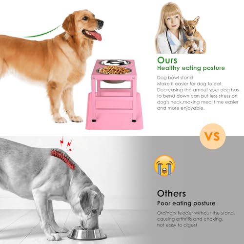 ADENGL Pink Metal Raised Dog Bowl Stand for Large Dogs, Stronger Elevated Dogs Bowls with Sprill Proof Mat, Food & Water Bowl 10in Tall Feeder (42OZ-Stainless Steel Dog Bowls, Mat-12x19 in) - color: Pink - L Silicone Dog Mat, size: Height-10inch