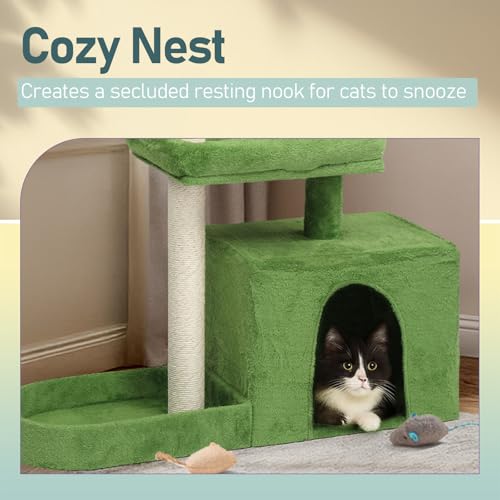 36in Cat Tree with Leaves, Multi-Level Cat Tower with Scratching Post, Cozy Condo & Padded Perch, Dangling Ball for Kittens and Indoor Cats, Compact Cat Furniture for Small Spaces, Green