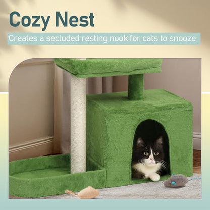 36in Cat Tree with Leaves, Multi-Level Cat Tower with Scratching Post, Cozy Condo & Padded Perch, Dangling Ball for Kittens and Indoor Cats, Compact Cat Furniture for Small Spaces, Green