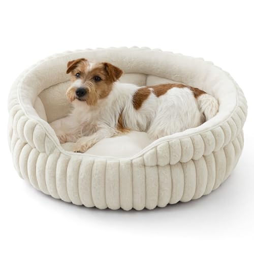 Bedsure ComfyFleece™ Medium Dog Bed, Washable Cute Pet Bed, Super Soft Corduroy Round Cat Bed with Anti-Slip Bottom, 26''x26''x9'', Cream - color: Cream, size: 26''x26''x9''