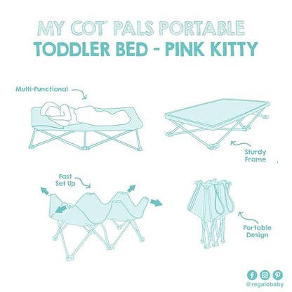 Regalo My Cot® Pals Portable Toddler Bed with Fitted Sheet & Pillow, Foldable Kids Travel Bed & Camping Cot, Cat Design, Ages 2–5, 46.5” x 24” x 9.5”, Pink - color: Small Single - Pink