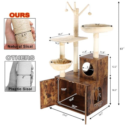 Timberer Cat Tree Tower with Litter Box Enclosure, 2-in-1 Wooden Cat Condo with Sisal Scratching Post, Hammock, Brown - color: Brown
