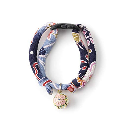 Chirimen Plum Blossom Cat Collar (Blue) with Bell Safety Breakaway Soft Lightweight for Cats Kitty Kitten Japanese Stylish Pattern, No.1 Seller in Japan - color: Blue