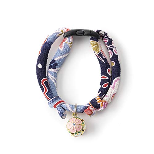 Chirimen Plum Blossom Cat Collar (Blue) with Bell Safety Breakaway Soft Lightweight for Cats Kitty Kitten Japanese Stylish Pattern, No.1 Seller in Japan - color: Blue