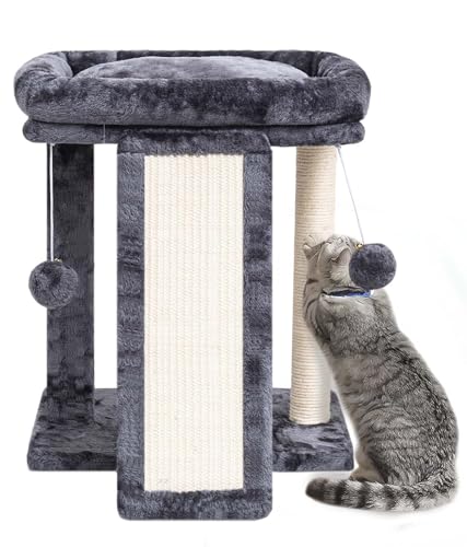 SYANDLVY Small Cat Tree with Perch, Cat Scratching Board for Indoor Cats, Scratching Post with 2 Dangling Balls, Great for Kittens (Smoky Grey) - color: Smoky Grey